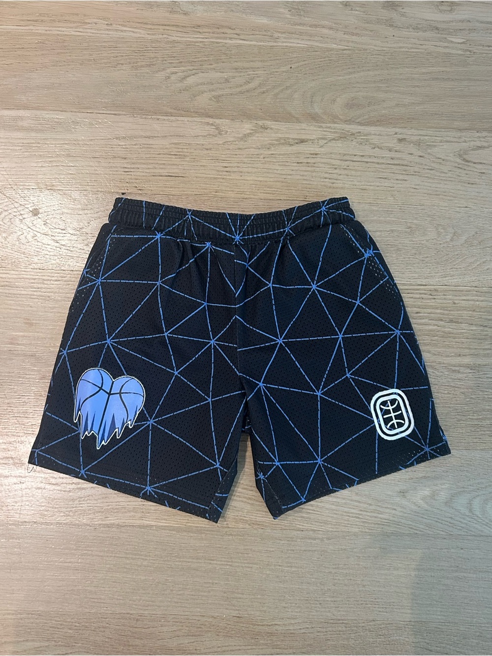 Black Kids Athletic Shorts with Light Blue Geometric Print